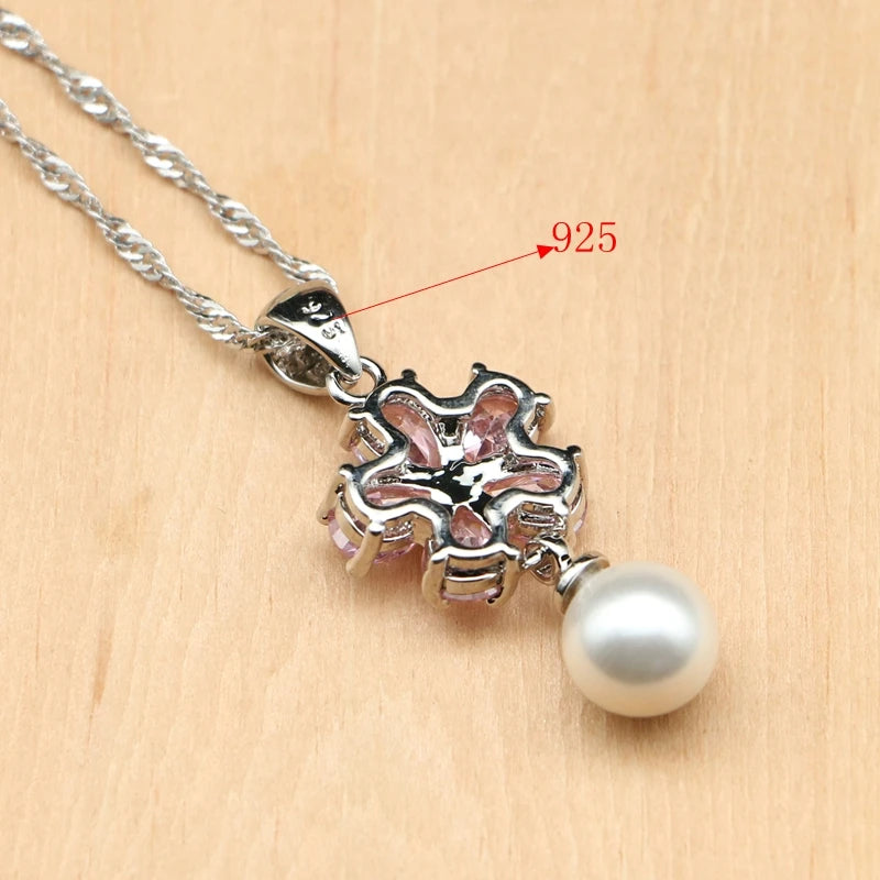 Elegant 925 Sterling Silver Jewelry Sets Pink Zircon With Pearl Beads For Women Wedding Earrings/Pendant/Rings/Bracelet/Necklace