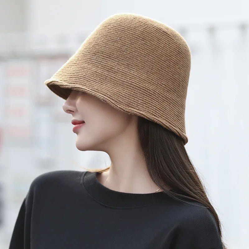 X093 New Fisherman's Hat for Women Winter Warm Knitted Hat Covers Her Face Japanese Bucket Basin Hat Literary Brim Caps