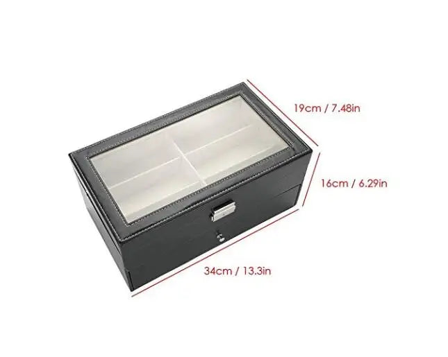 12 Grids Black Sunglass Organizer Leather Eyeglasses Collector Double-Layer Eyewear Display Case Lockable Storage Box