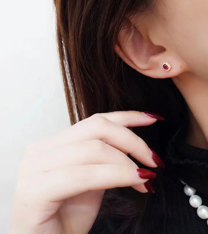 Aazuo Real 18K Yellow Gold Natural Ruby 0.40ct Real Diamonds Square Stud Earrings gifted for Women Engagement Wedding Party