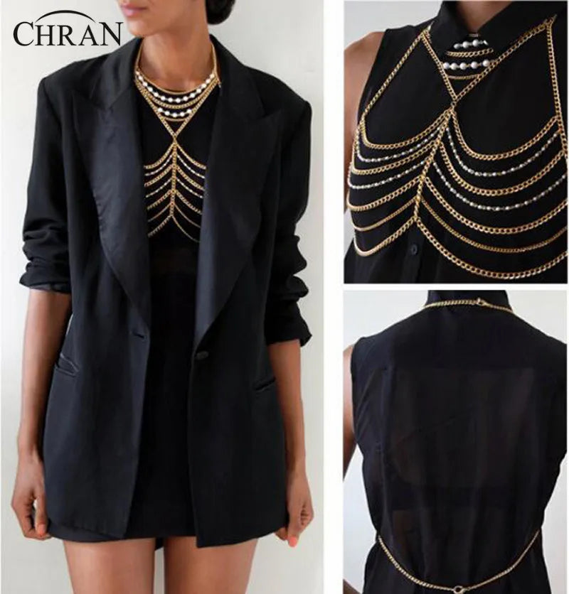 Chran Luxury Fashion Stunning Sexy Body Belly Silver Gold Tone Beach Chain Bra Pearl Slave Harness Necklace Tassel Waist Jewelry
