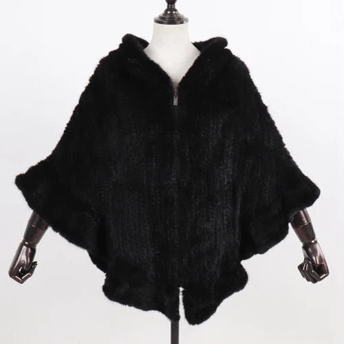 Hot Sale Women Natural Mink Fur Hooded Pashmina Coat 100% Genuine Mink Fur Shawl Lady Luxury Hand Knitted Real Mink Fur Poncho