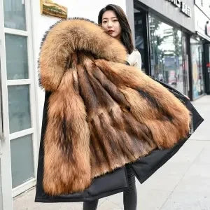 HANZANGL Women Fur Coat 2022 Winter New Real Raccoon Fox Fur Detachable Liner Long Parkas Women Clothing 12 Color S-4XL