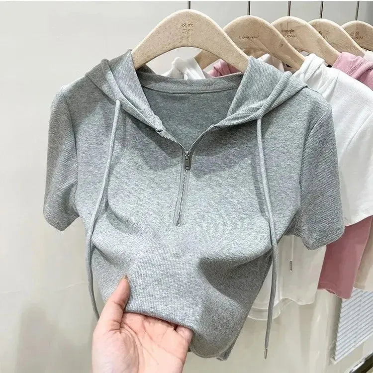 Hoodedslims Women's Double Zip Short Sleeve T-Shirt Cropped Top Sensible Design Polyester Fiber Summer 2025 New Arrival Jacket