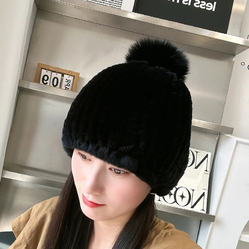 Real Rex Rabbit Fur Hat For Women Winter Thickened Fur Hat Warm Ear Protection Hat Hand Knitted Fur Hat Outdoor Natural Fur Hats
