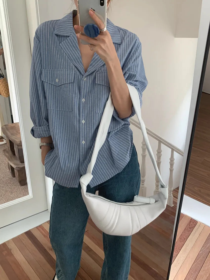 Chic Autumnal Vintage Loose Fit Long Sve Blue Striped irt Women's Faion Versatile Double ket Suit Collar Outfit