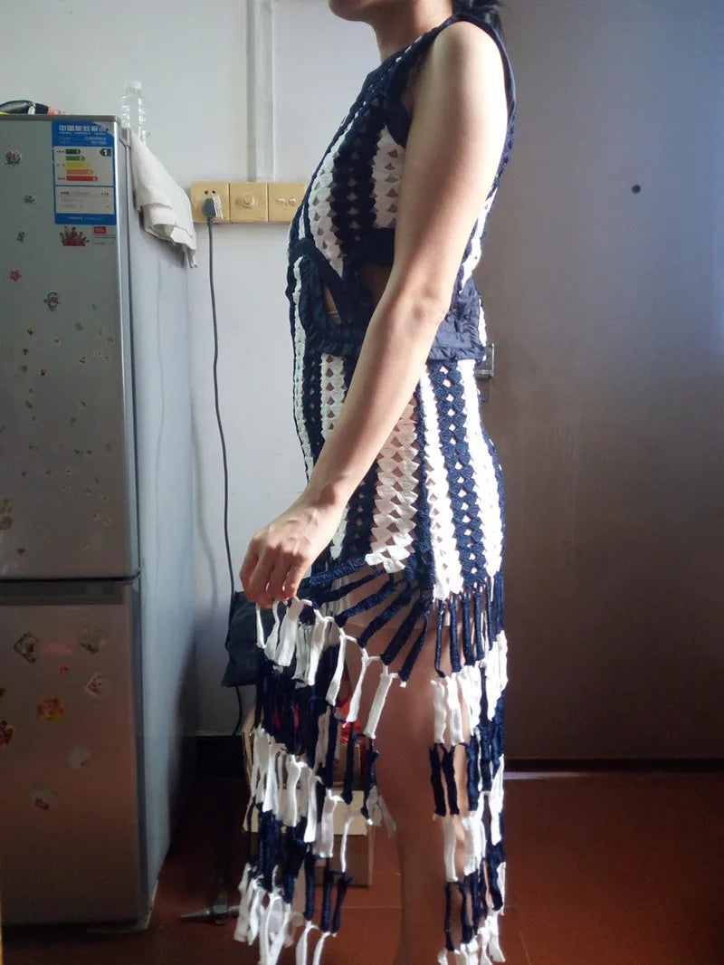 HANZANGL Women Dresses Knitted tank dress white blue patchwork striped tassel crochet casual beach Dress high quality