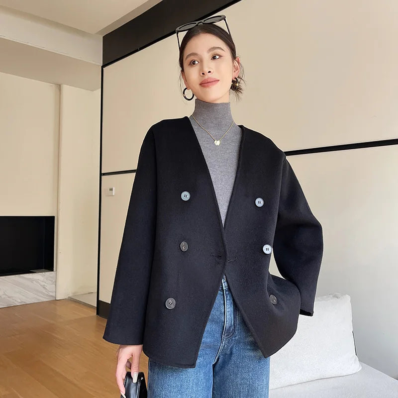 100% women's wool coat, double-sided, warm, high-end, loose, Korean style, short, 2024 autumn and winter new coat