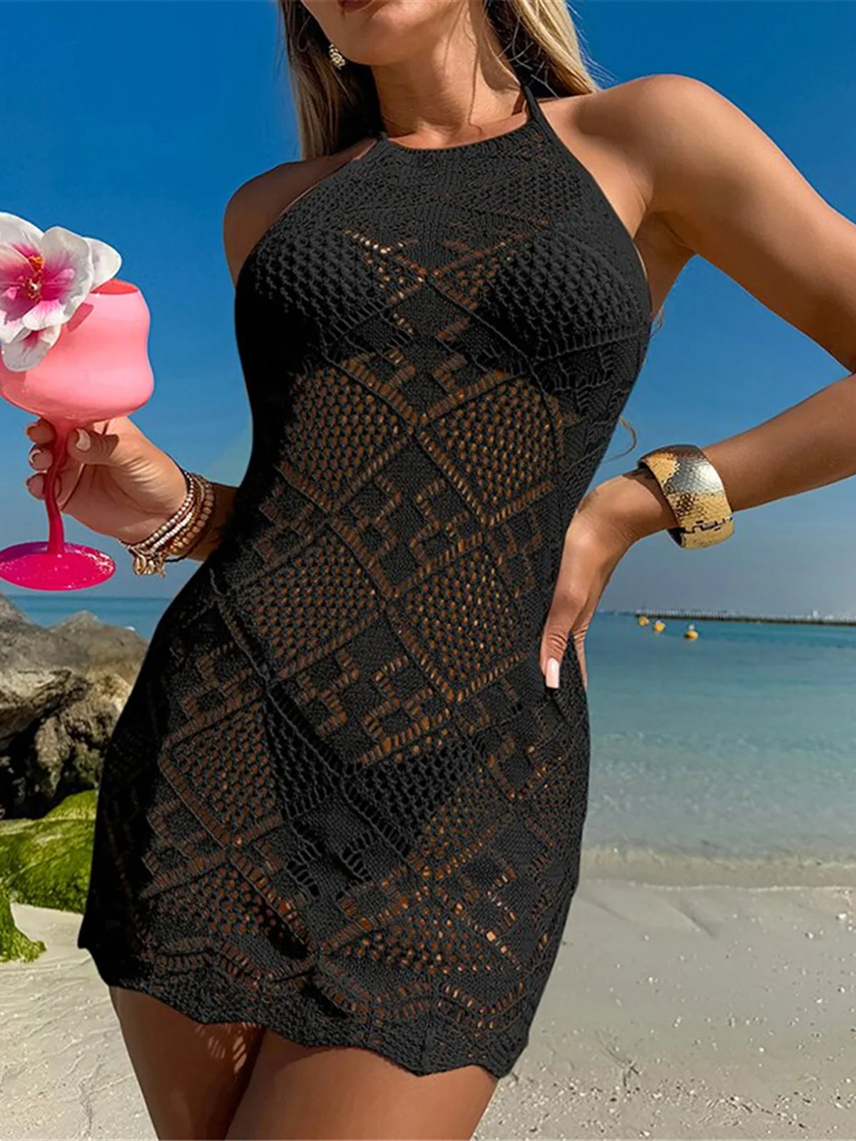 Hollow Out Halter Backless Crochet Knitted Tunic Beach Cover Up Cover-ups Beach Dress Beach Wear Beachwear Female Women V6511
