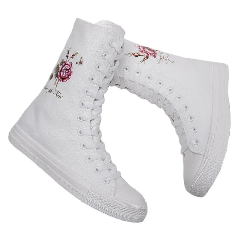 New Women Sneakers Mid Boots Canvas Lace Up Side Zipper Hand Painted Rose Pattern Classic Casual School Shoes Women Sport Shoes
