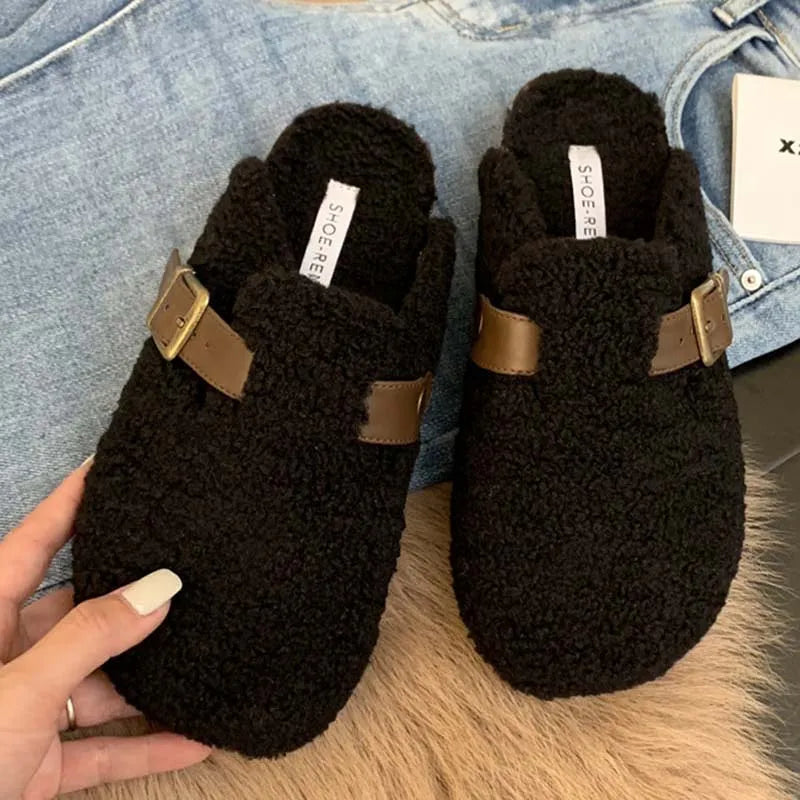 Fashion Buckle Strap Women Mules Fur Slippers 2024 Winter Warm Ladies Flat With Furry Shoes Casual Outdoor Indoor Female Slides