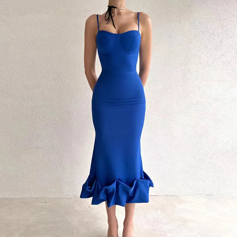 Fashion 2023 Women Ruffle Dresses Elegant Bodycon Off Shoulder Formal Dress Chic Ladies Backless Sleeveless Solid Long Dress