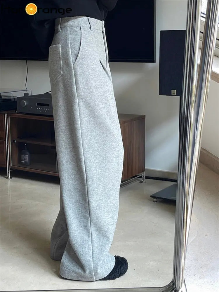 HanOrange 2024 Winter Languid Woolen Wide Leg Pants Casual High Waist Loose Comfortable Thick Trousers Female Grey/Navy