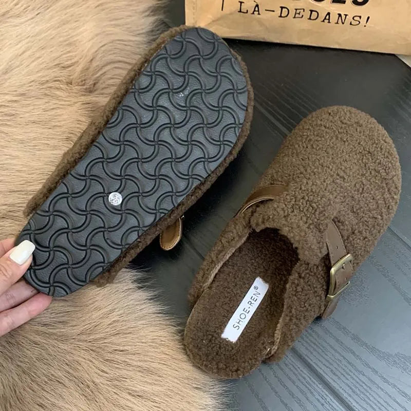 Fashion Buckle Strap Women Mules Fur Slippers 2024 Winter Warm Ladies Flat With Furry Shoes Casual Outdoor Indoor Female Slides