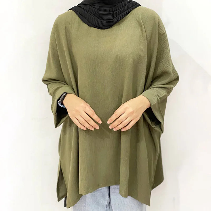 Southeast Asia Islam Abaya Kaftan New Long-sleeved Loose Casual Islam Abaya Kaftan Irregular Hem Ice Silk Women Shirt
