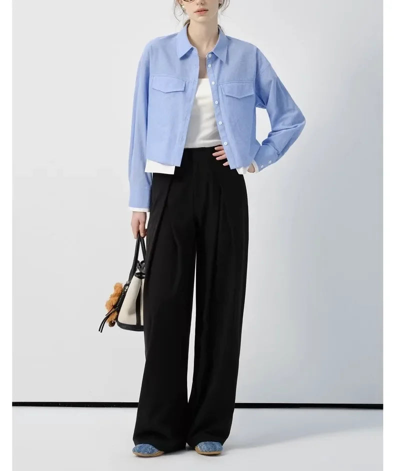 Blue Long Sleeve Women's Shirt Short Style College Style Fake Two-Piece Spring Autumn New Arrival Polo Collar Button up Top