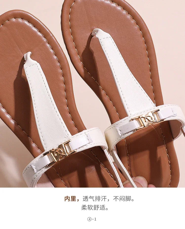 2024 High Quality Women's Shoes Summer New Women's Sandals Fashion Solid Color Thong Low Heel One-line Buckle Women's Sandals