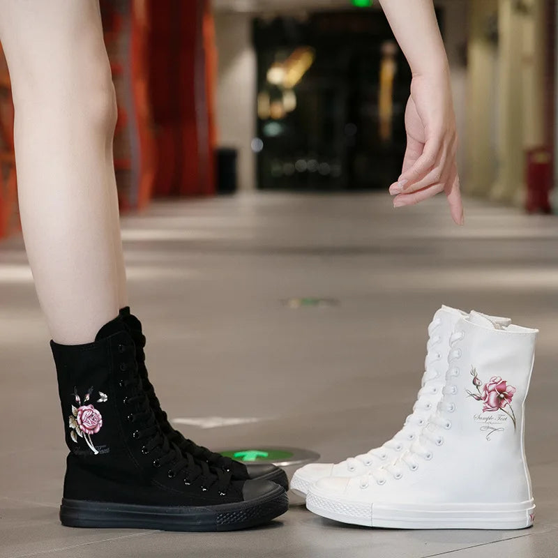 New Women Sneakers Mid Boots Canvas Lace Up Side Zipper Hand Painted Rose Pattern Classic Casual School Shoes Women Sport Shoes