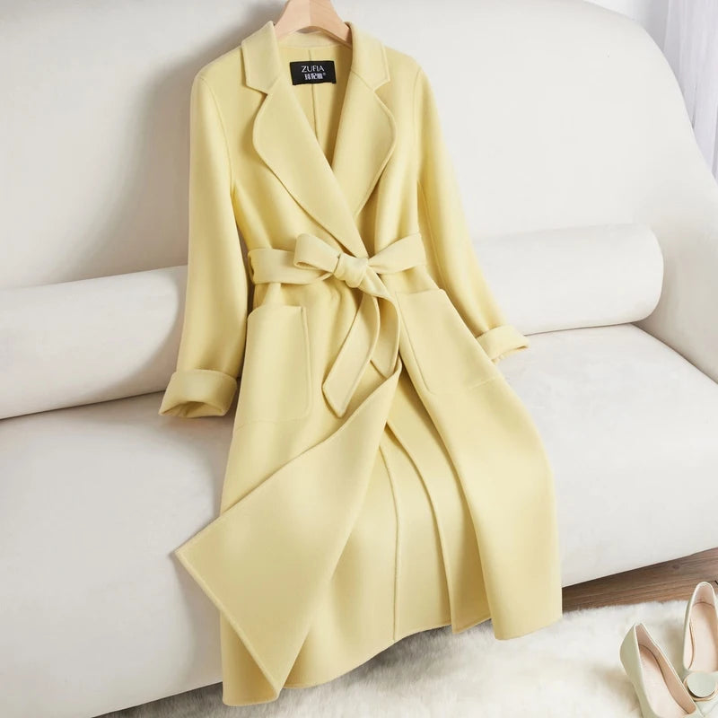 White Belt Double-sided Cashmere Coat Women's 2024 New Fashion Temperament Winter Slim Wool Coat Solid Female Long Windbreaker
