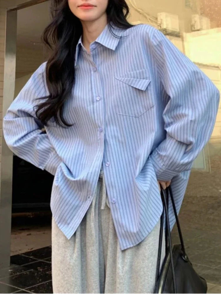 korean fashion Shirts for Women Loose Versatile Long Sleeves Blouse Pocket Casual Spring New Blue Striped Women's Shirt