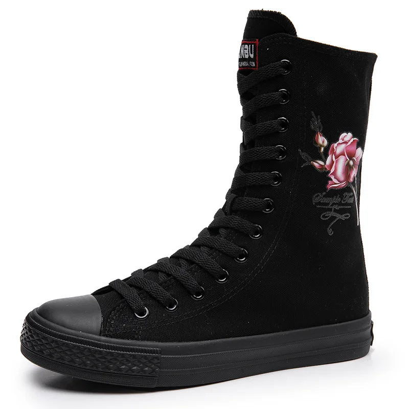 New Women Sneakers Mid Boots Canvas Lace Up Side Zipper Hand Painted Rose Pattern Classic Casual School Shoes Women Sport Shoes