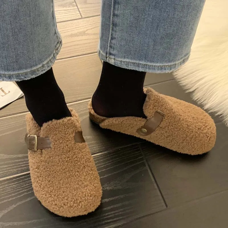 Fashion Buckle Strap Women Mules Fur Slippers 2024 Winter Warm Ladies Flat With Furry Shoes Casual Outdoor Indoor Female Slides