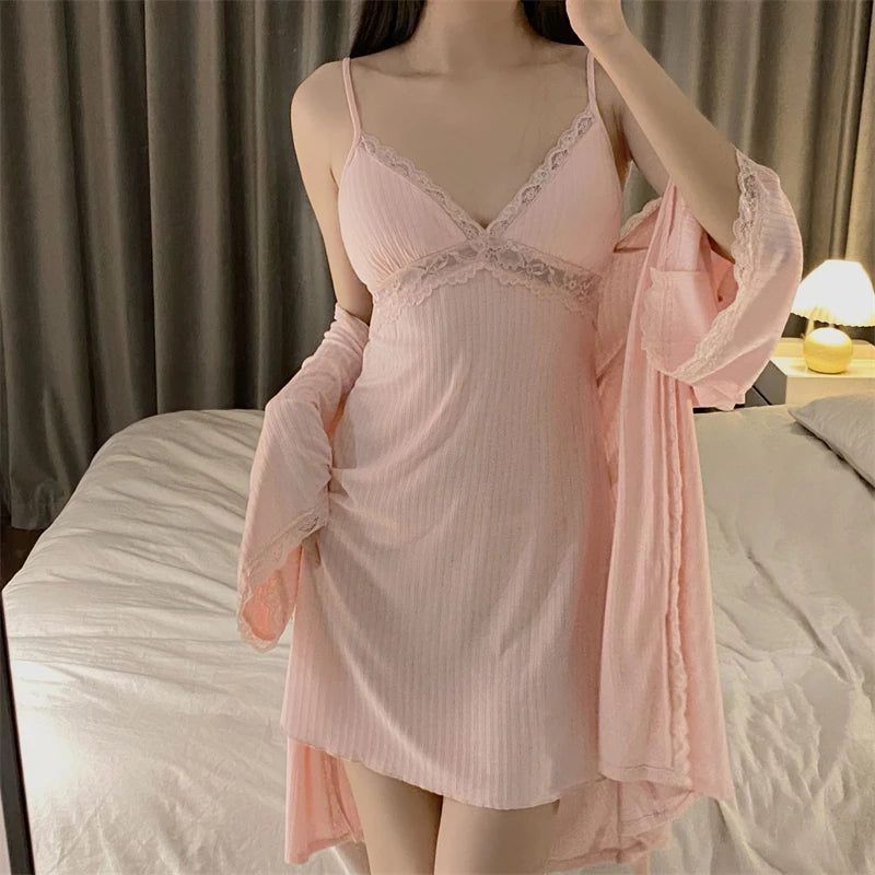 Summer Thin Modal Pajamas Two piece set of Sling Dress and Robe Brief Solid Color Nightgown Sexy V-neck Home Clothing for Women