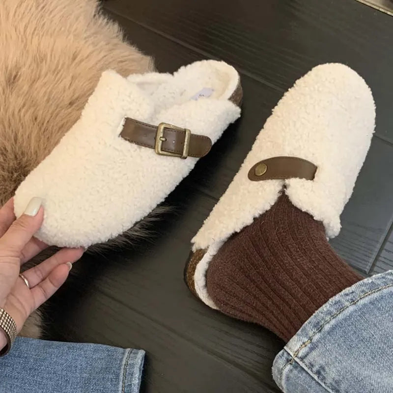 Fashion Buckle Strap Women Mules Fur Slippers 2024 Winter Warm Ladies Flat With Furry Shoes Casual Outdoor Indoor Female Slides