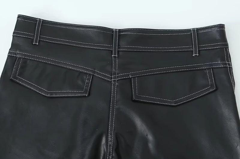 2023 Women's Autumn Black Faux Leather Wide Leg Fleece Pants Vintage Winter High Waist Office Lady PU Female Trousers Mujer