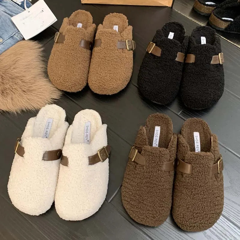 Fashion Buckle Strap Women Mules Fur Slippers 2024 Winter Warm Ladies Flat With Furry Shoes Casual Outdoor Indoor Female Slides