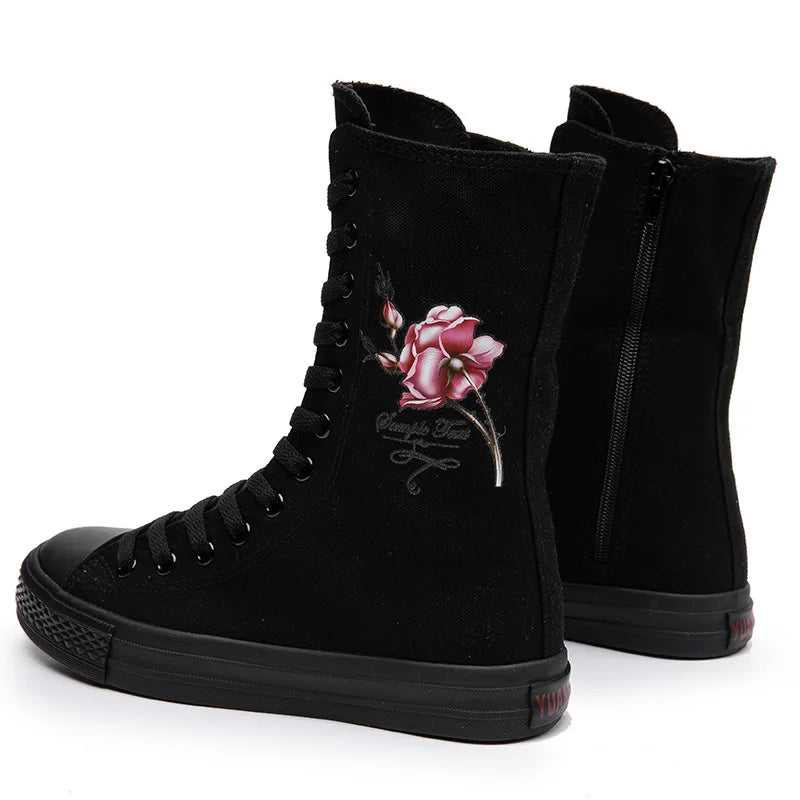 New Women Sneakers Mid Boots Canvas Lace Up Side Zipper Hand Painted Rose Pattern Classic Casual School Shoes Women Sport Shoes