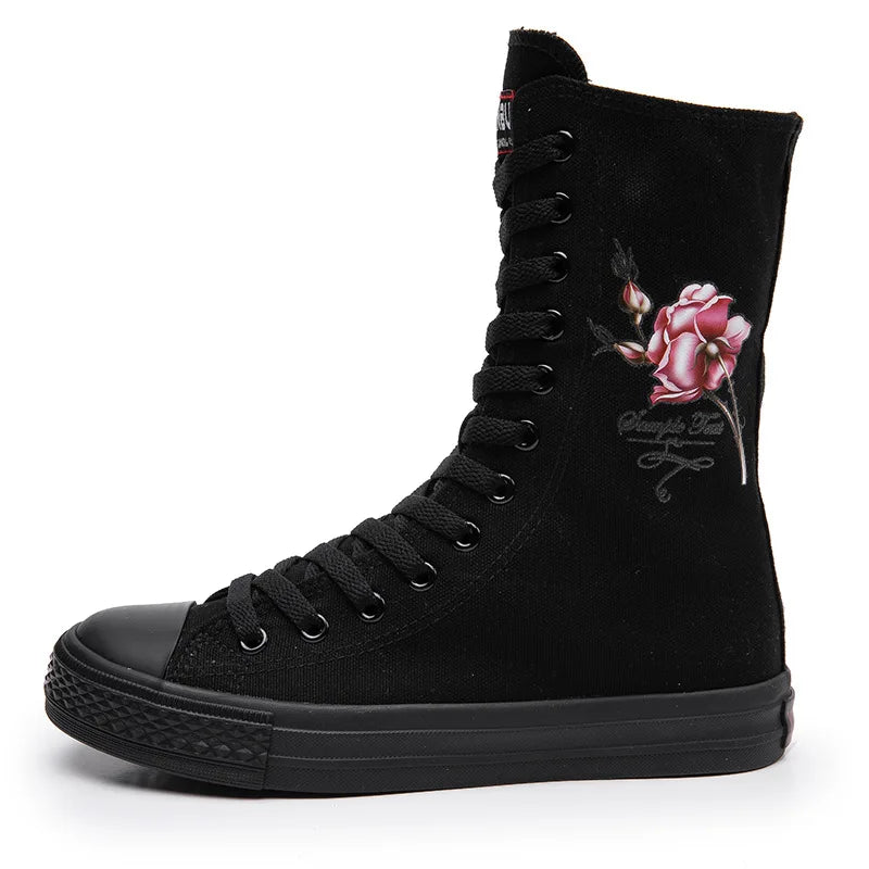 New Women Sneakers Mid Boots Canvas Lace Up Side Zipper Hand Painted Rose Pattern Classic Casual School Shoes Women Sport Shoes