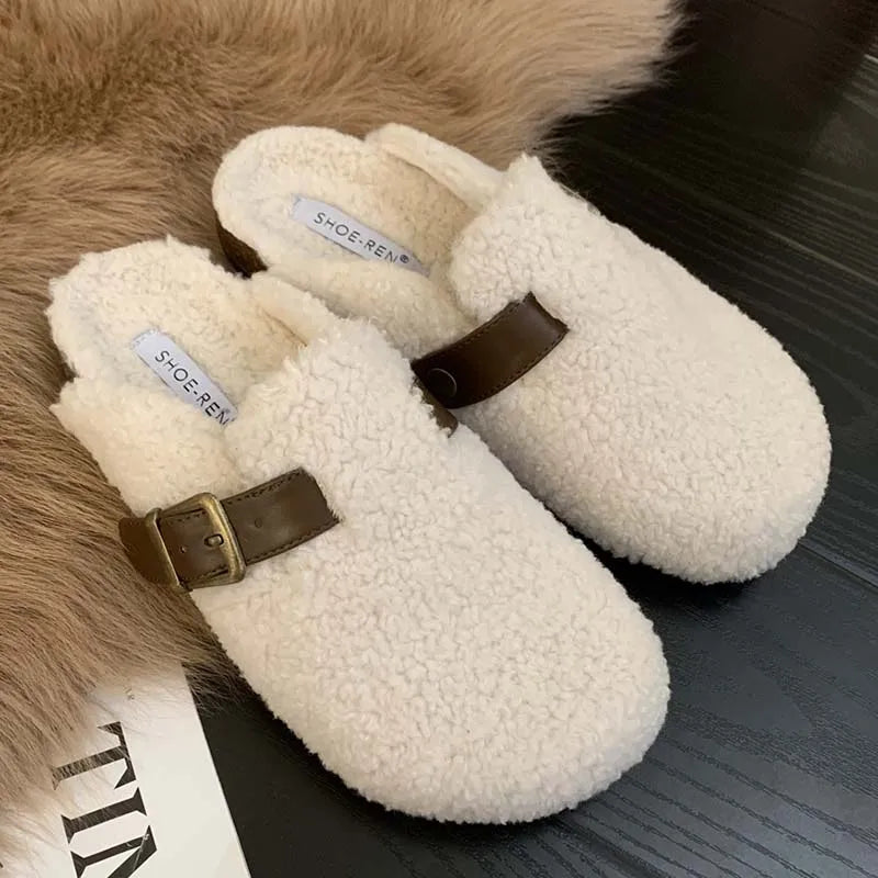 Fashion Buckle Strap Women Mules Fur Slippers 2024 Winter Warm Ladies Flat With Furry Shoes Casual Outdoor Indoor Female Slides