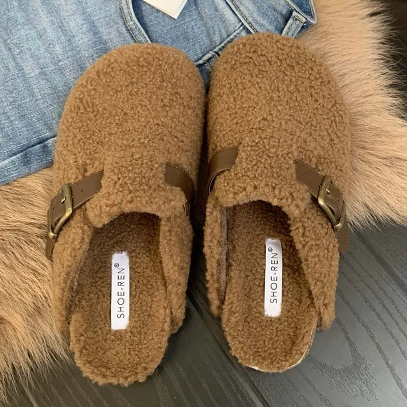 Fashion Buckle Strap Women Mules Fur Slippers 2024 Winter Warm Ladies Flat With Furry Shoes Casual Outdoor Indoor Female Slides