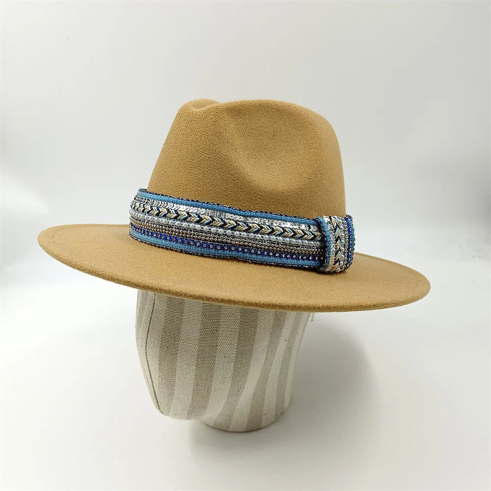 Blue Fedora Hat Pearl Rhinestone Design for Men and Women Panama Church Cap Fashionable Elegant Vintage Felt Hat fedoras