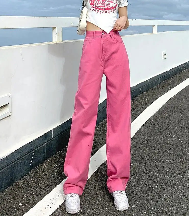 Vintage Streetwear Gradient Pink Jeans Women High Waist Straight Wide Leg Pants Straight Denim Female Trousers