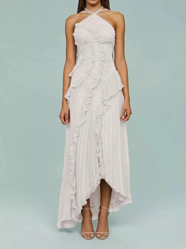 Ruffle ruffles design thin mid-length dress temperament fashion irregular halter women's dress 2025 summer new