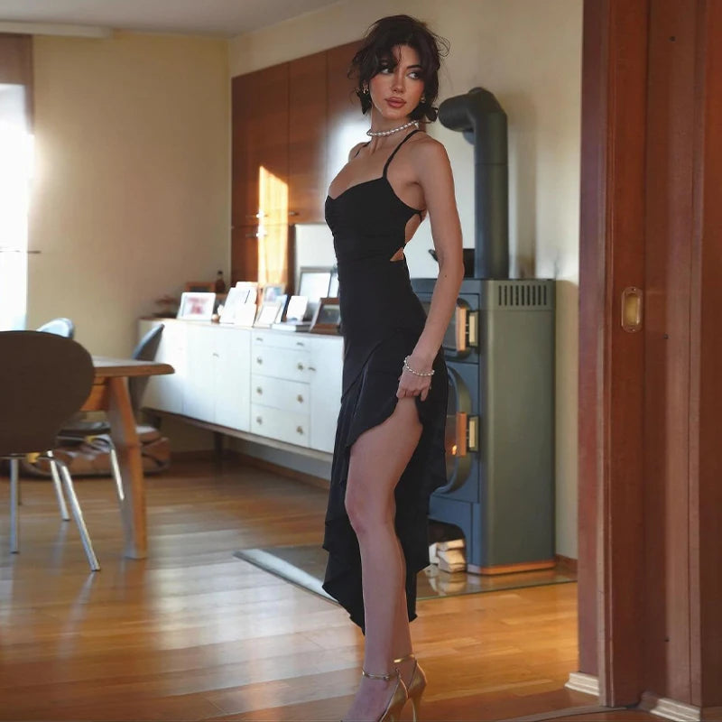 Hugcitar Square Collar Slips Backless Draped Lace Up Pleated Irregular Sexy Midi Dress 2024 Spring New Outfits Festival Party