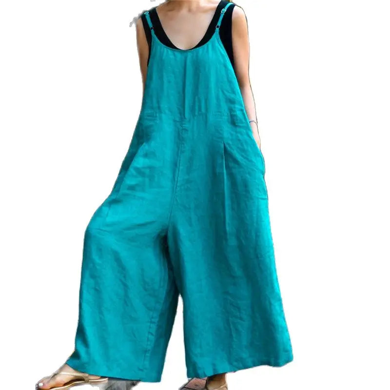Women's Cotton and Linen Wide leg Jumpsuit Bf Casual Trousers Skirt Strappy Hemp Sling One Piece Pants