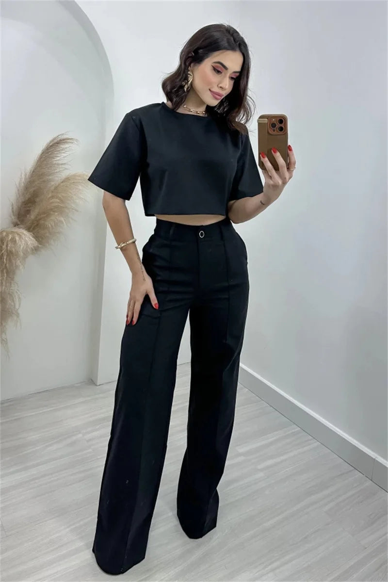 Casual New In Matching Two Piece Sets Women Summer 2024 Fashion Short Sleeve T-shirt Crop Tops High Waist Wide Leg Pant Sets