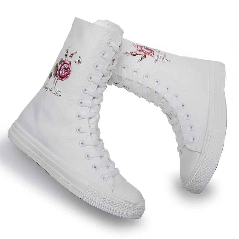 New Women Sneakers Mid Boots Canvas Lace Up Side Zipper Hand Painted Rose Pattern Classic Casual School Shoes Women Sport Shoes