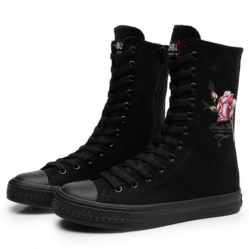 New Women Sneakers Mid Boots Canvas Lace Up Side Zipper Hand Painted Rose Pattern Classic Casual School Shoes Women Sport Shoes