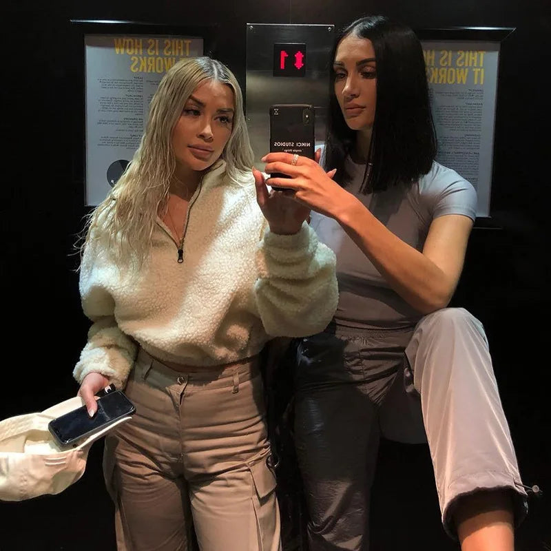 Women's Half Zipper Lamb Fleece Long Sleeved Sweatshirt 2025 Spring New Streetwear Warm Pullover Hoodies Ropa Para Mujer