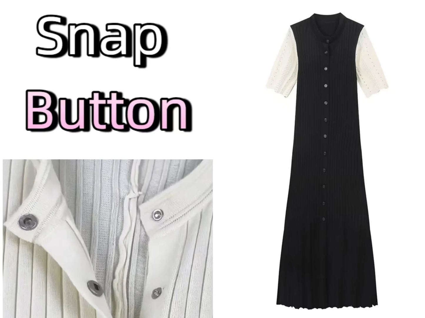 Elegant Knitted Single Breasted Midi Dress Women's Patchwork Dresses Female 2025 Summer Robe New Black Beige Robes Evening Party