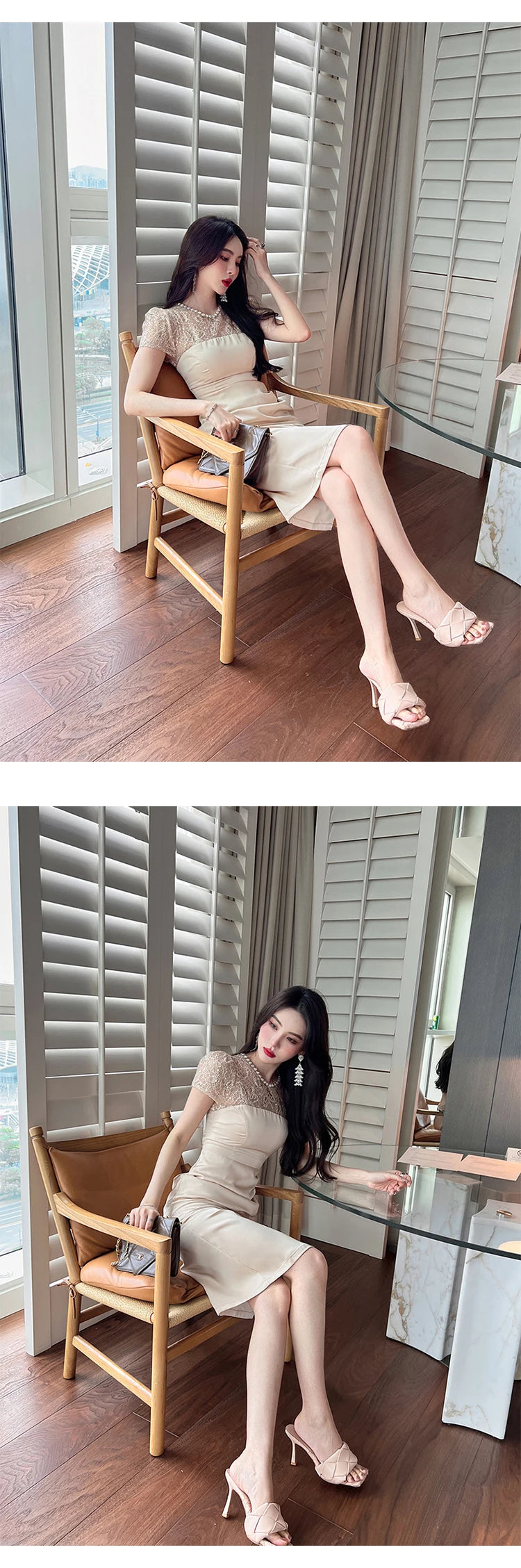 Summer Women Midi Dress Elegant Sheer Lace Satin Panel Shiny Diamond Sequins Pleated Slit Slim Lady Outfit Party Office Vestido