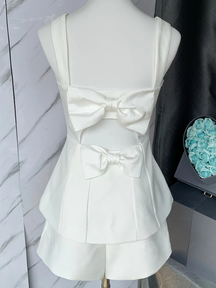 Aoi Summer Y2k Women 2 Piece Suit French Back Bowknot Collar Luxury Diamond Spaghetti Vestidos Sexy Strap Camisole+Shorts Set