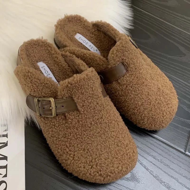 Fashion Buckle Strap Women Mules Fur Slippers 2024 Winter Warm Ladies Flat With Furry Shoes Casual Outdoor Indoor Female Slides