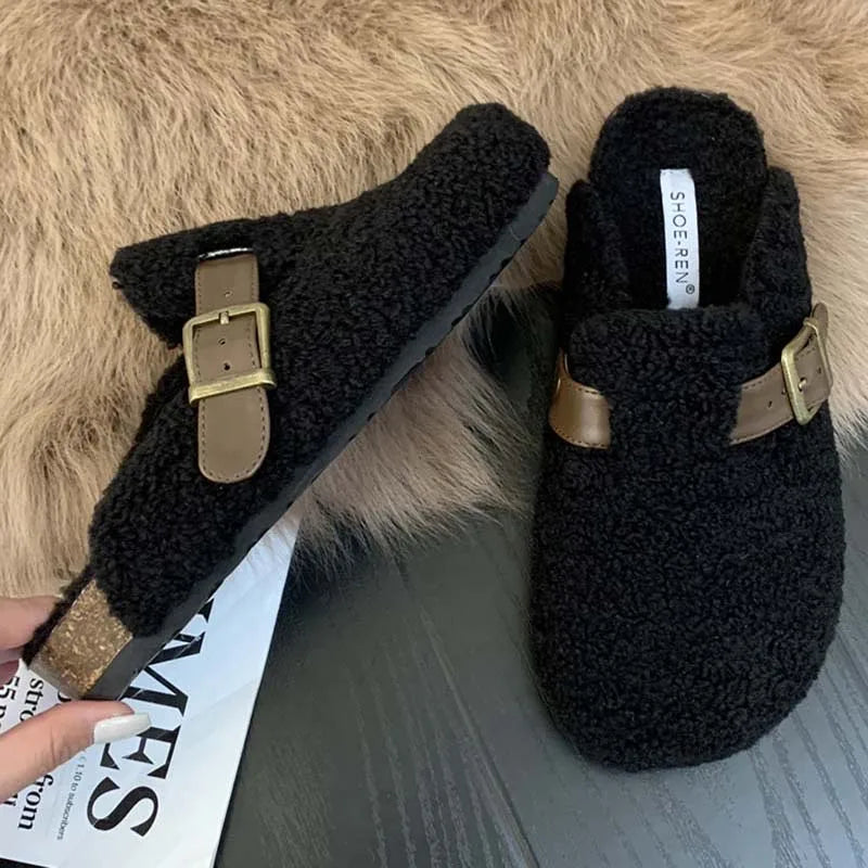 Fashion Buckle Strap Women Mules Fur Slippers 2024 Winter Warm Ladies Flat With Furry Shoes Casual Outdoor Indoor Female Slides