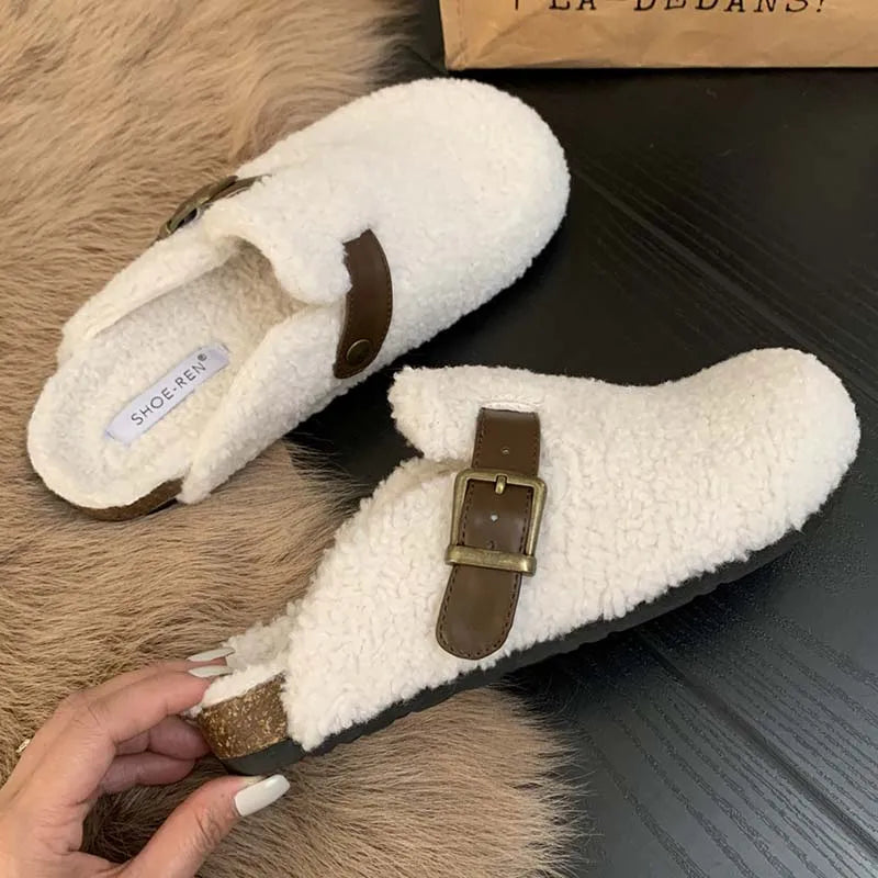 Fashion Buckle Strap Women Mules Fur Slippers 2024 Winter Warm Ladies Flat With Furry Shoes Casual Outdoor Indoor Female Slides