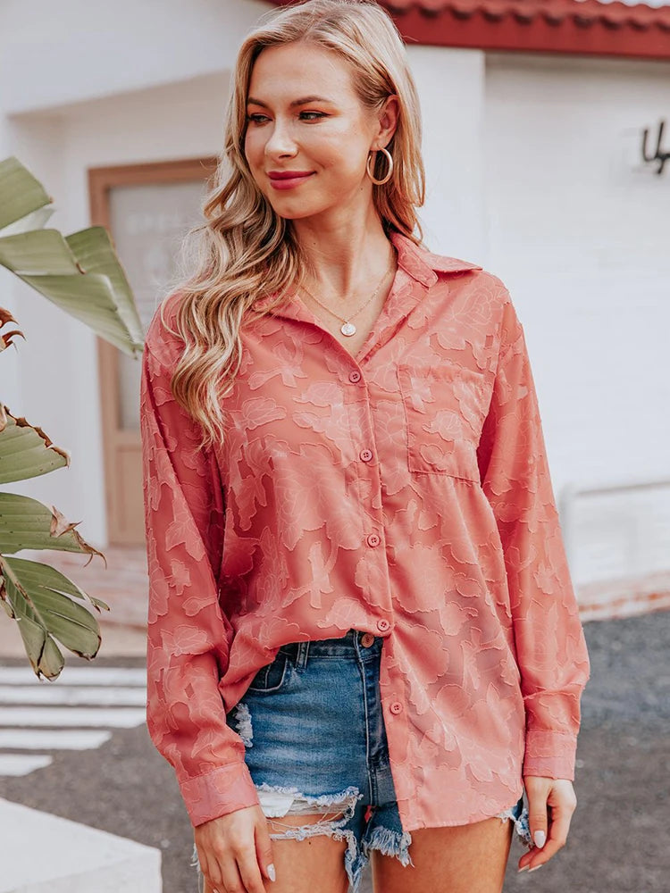 Elegant Long Sleeve Lapel Lace Blouse Office Lady Spring Summer Hollow Out Jacquard Loose Shirt Oversized Tops Luxury Chic Tunic